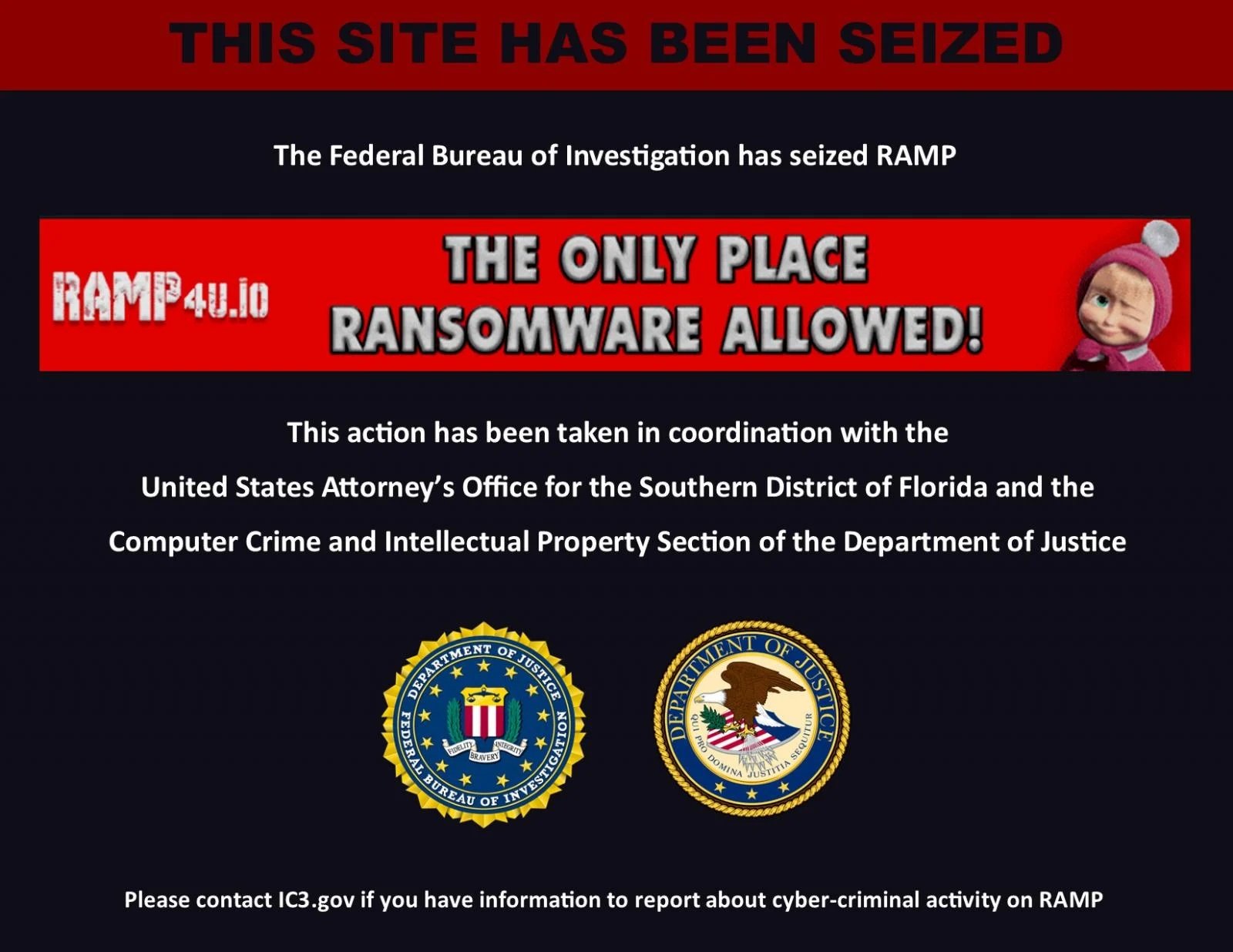 Sur son service Tor comme sur son site public, RAMP affiche désormais une bannière de saisie du FBI. © BleepingComputer