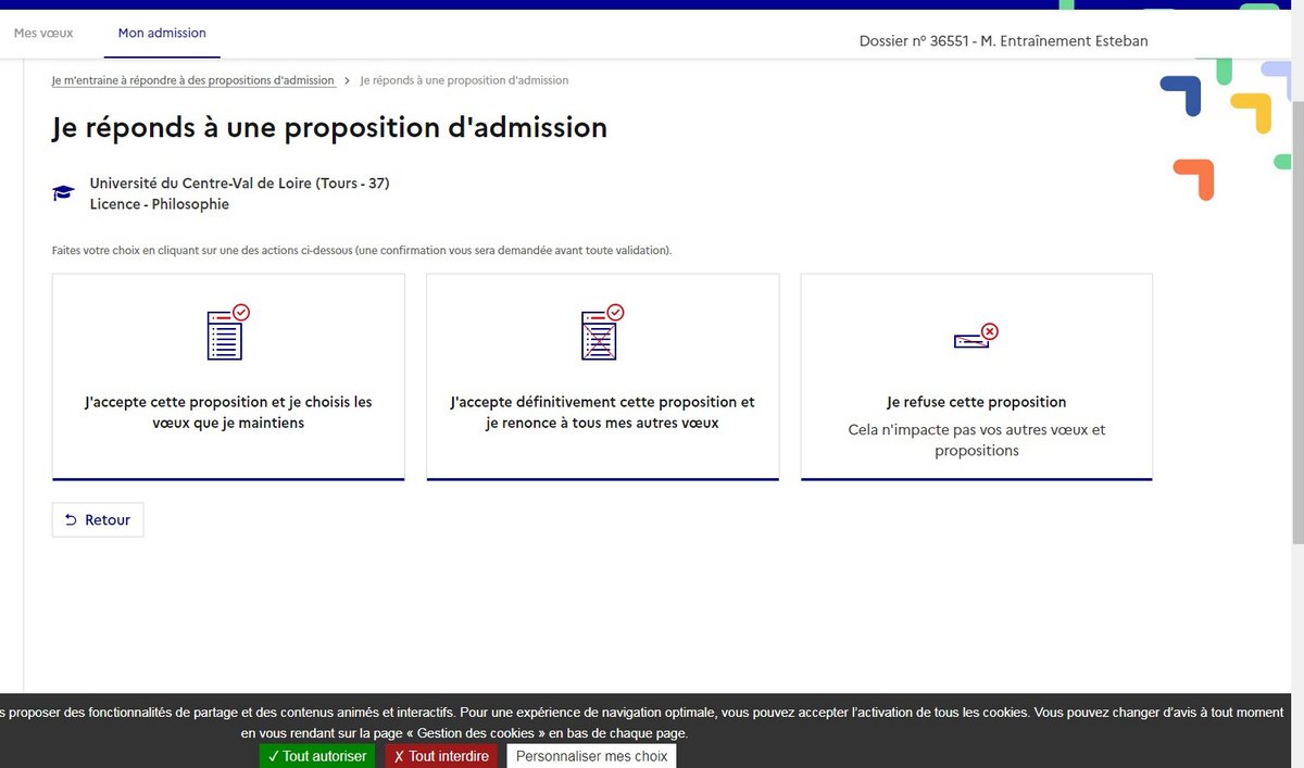 Les trois options lorsque vous répondez à une proposition d'admission © Capture d'écran Clubic