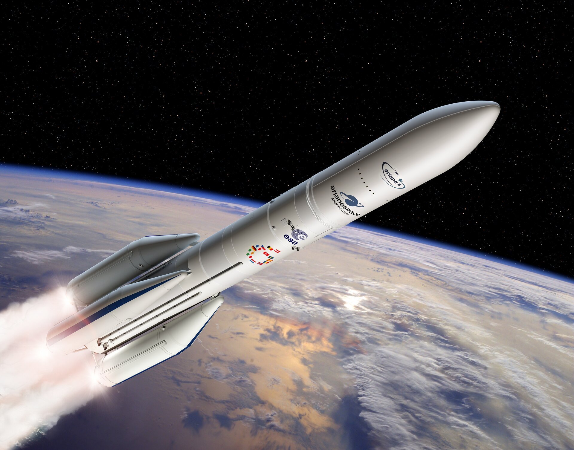 Vue d'artiste d'une Ariane 6 dans sa version à quatre boosters. Crédit image : ESA