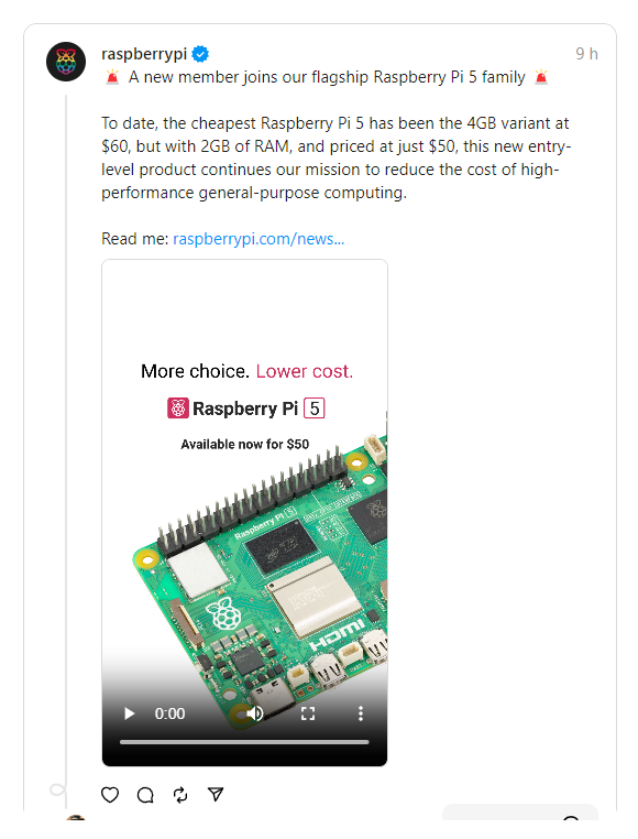 Annonce du Raspberry Pi 5 2 Go sur Threads © Raspberry Pi