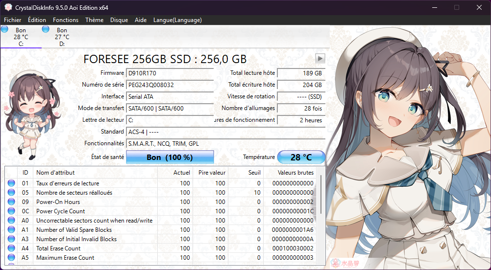 CrystalDiskInfo souligne l'interface SATA du SSD ici employé. ©Nerces pour Clubic