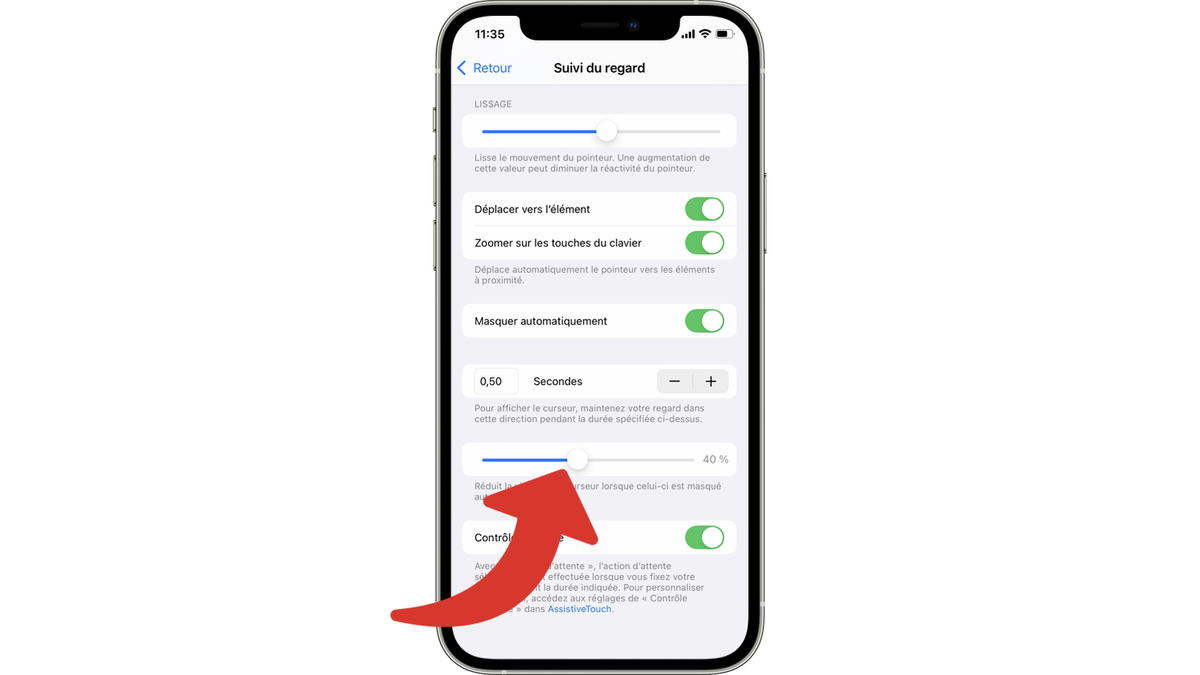 Définir la visibilité du curseur pour contrôler l'iPhone avec les yeux sous iOS 18 © Clubic