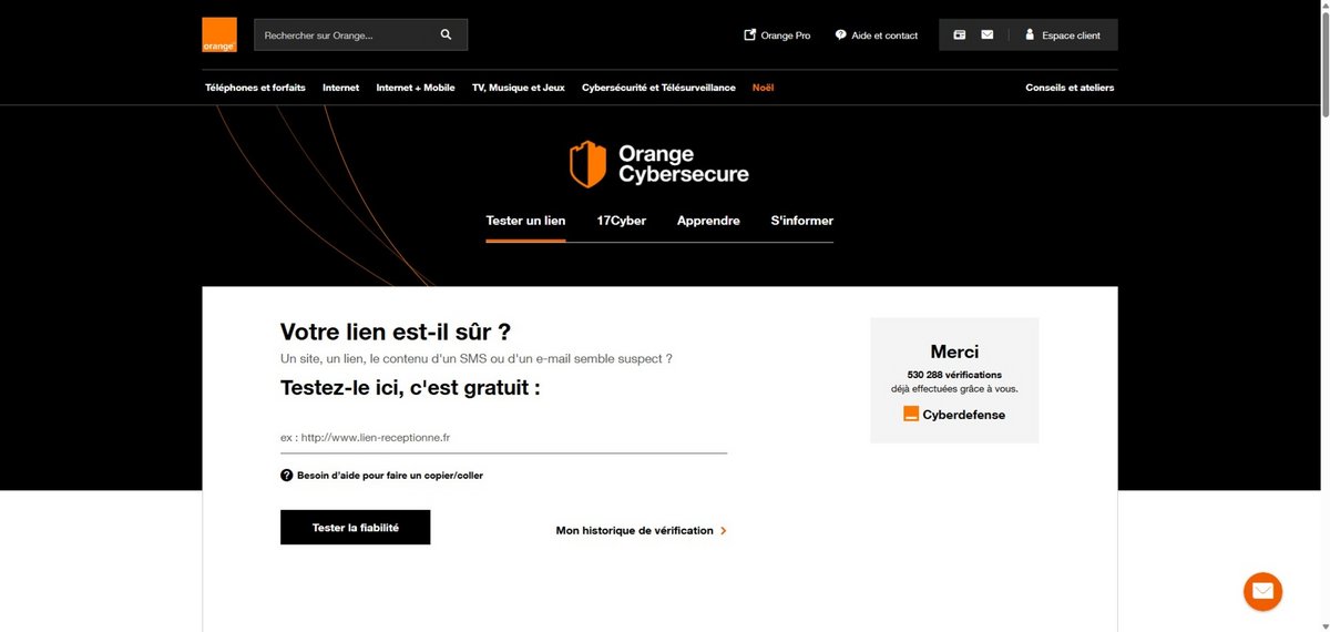 La page de test de lien d'Orange Cybersecure. © Alexandre Boero / Clubic