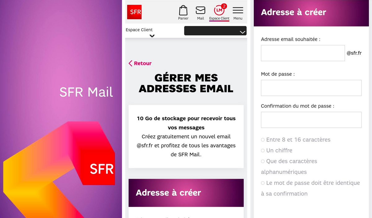 La page de gestion des adresses email de SFR Mail, soulignant l'offre généreuse de 10 Go de stockage pour les utilisateurs.