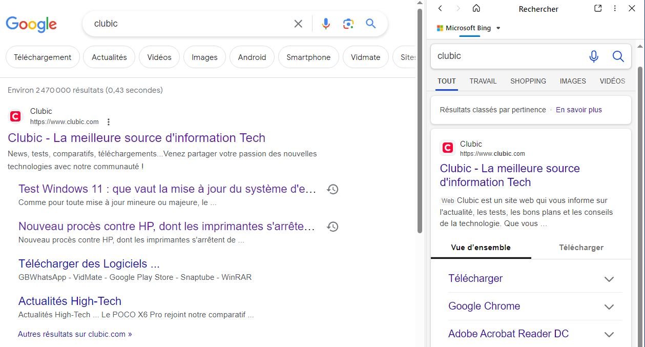 L'affichage de la fenêtre principale (via Google) est automatiquement synchronisé dans la barre latérale (ici avec Bing) © Stéphane Ficca / Clubic