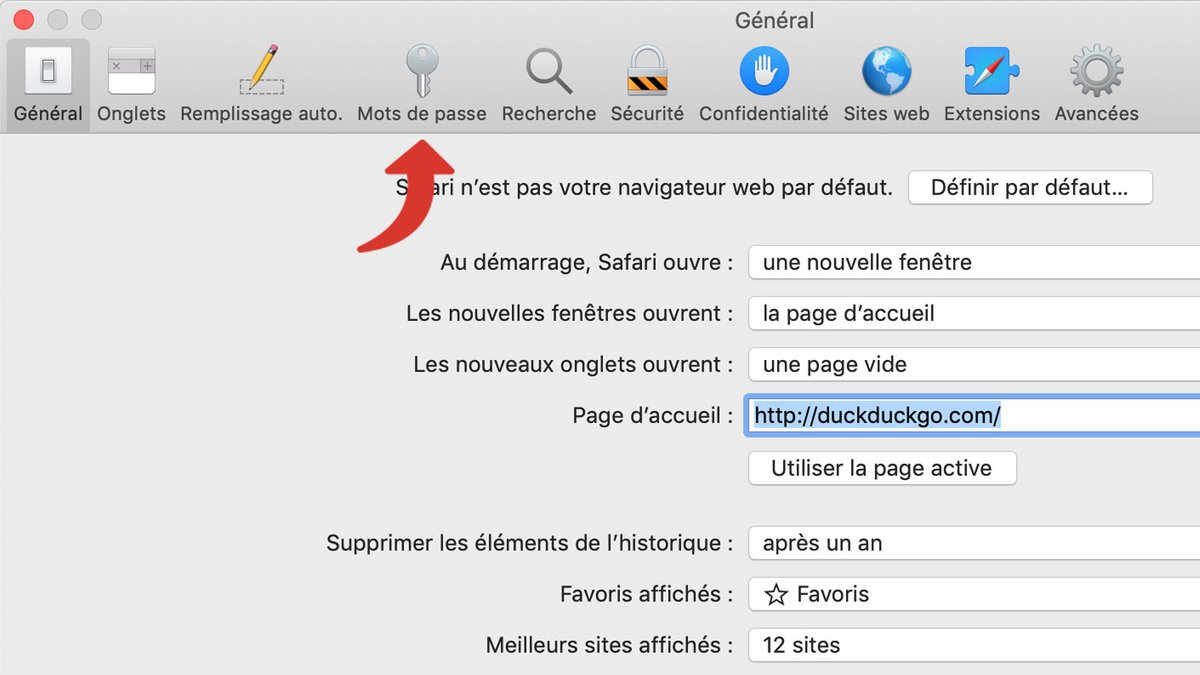 Safari - Menu des mots de passe