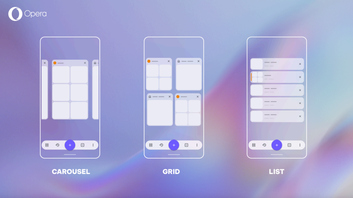 Il est désormais possible de modifier la manière dont s'affiche la page des onglets sur Opera pour Android, et d'opter pour trois modes différents en fonction de ses préférences visuelles. © Opera