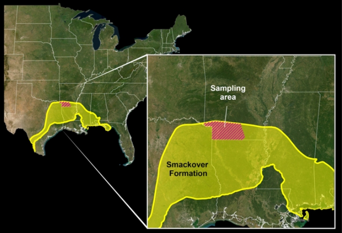 La partie striée représente la zone zone d'échantillonnage, située dans la partie sud de l'État de l'Arkansas. © USGS / Public Domain