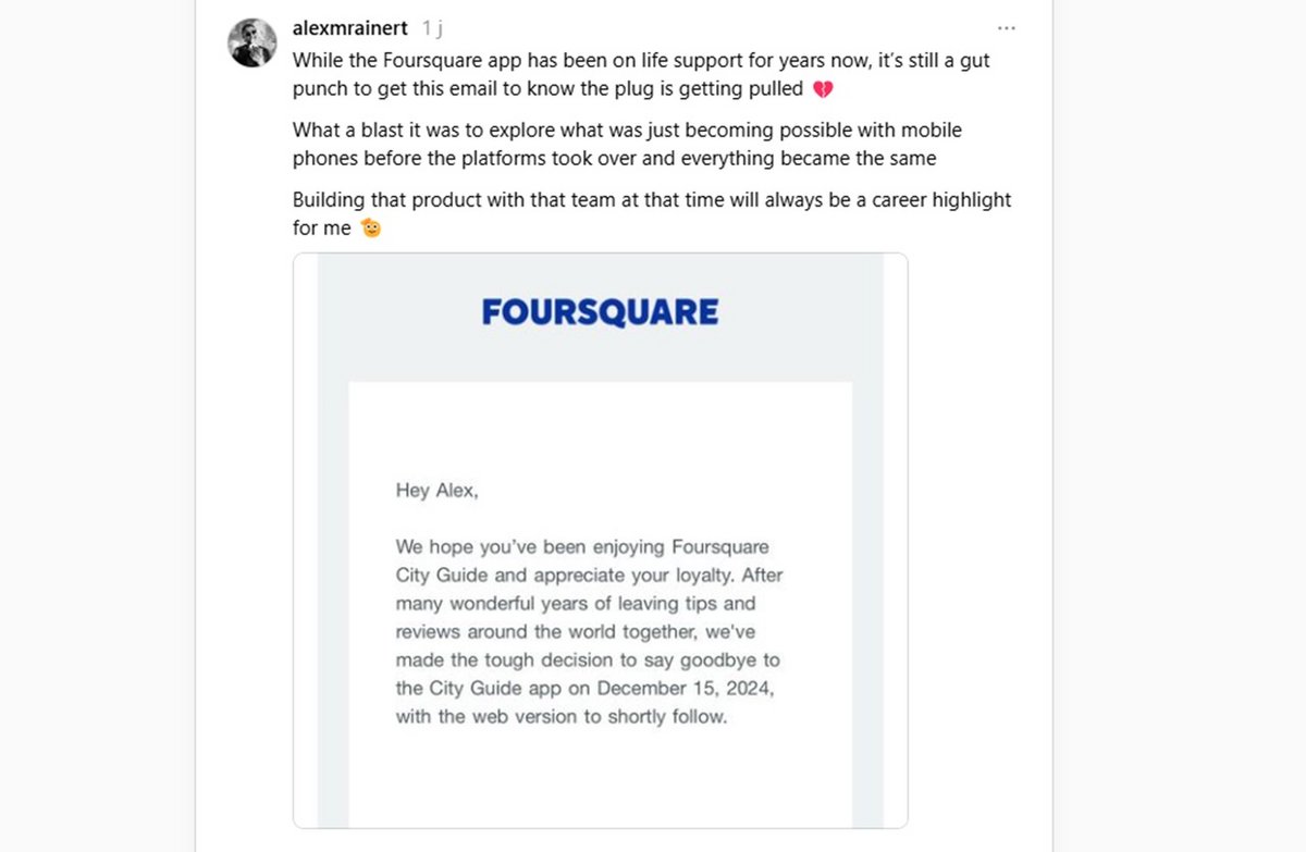 "Un véritable coup de poing dans le ventre" que la fermeture de Foursquare pour cet utilisateur - Capture d'écran © Threads Alexmrainert / Mélina Loupia pour Clubic