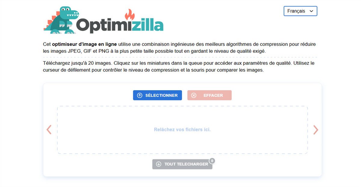 Interface d’accueil d’Optimizilla, avec les options de sélection, glisser-déposer et aperçu des images à compresser. - © Optimizilla