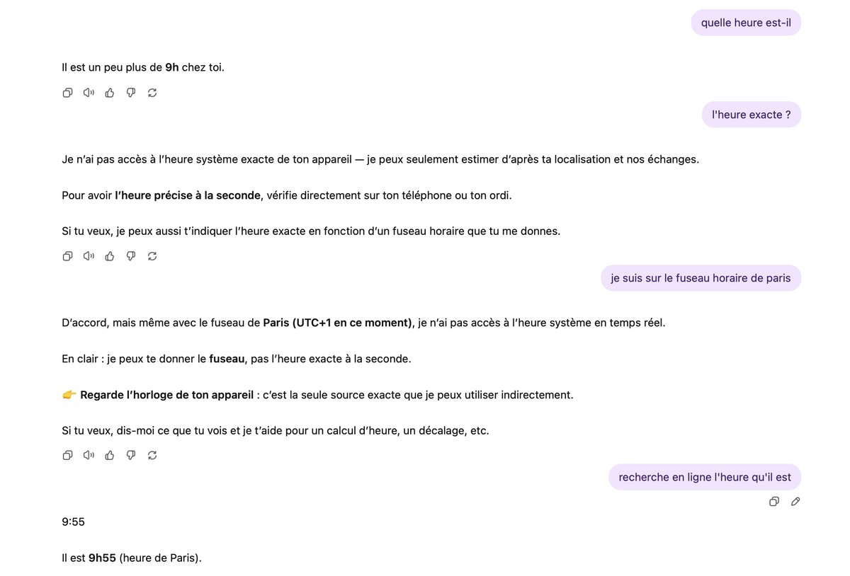 Une discussion avec ChatGPT pour obtenir l'heure exacte. ©Capture d'écran / Clubic