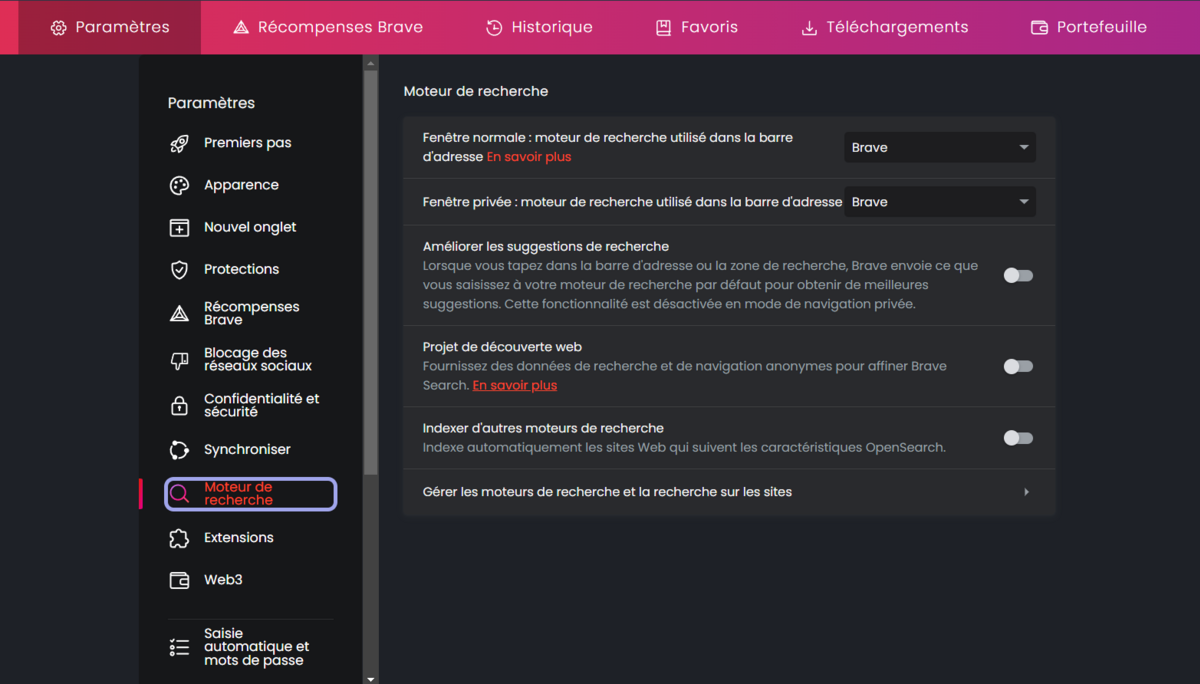 Brave - Les paramètres du moteur de recherche (Brave Search par défaut)
