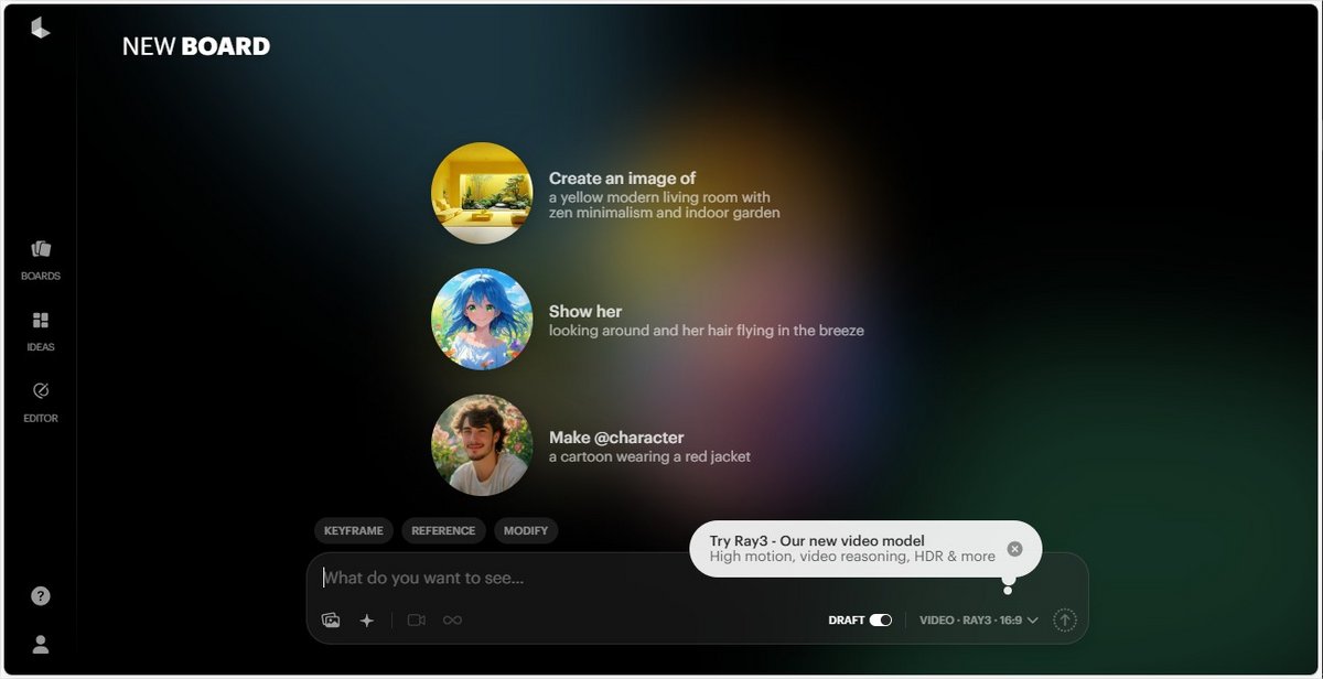 L'interface de création où il est possible de générer ou modifier des images et des clips vidéo réalistes à partir de simples descriptions textuelles.  - © Luma AI