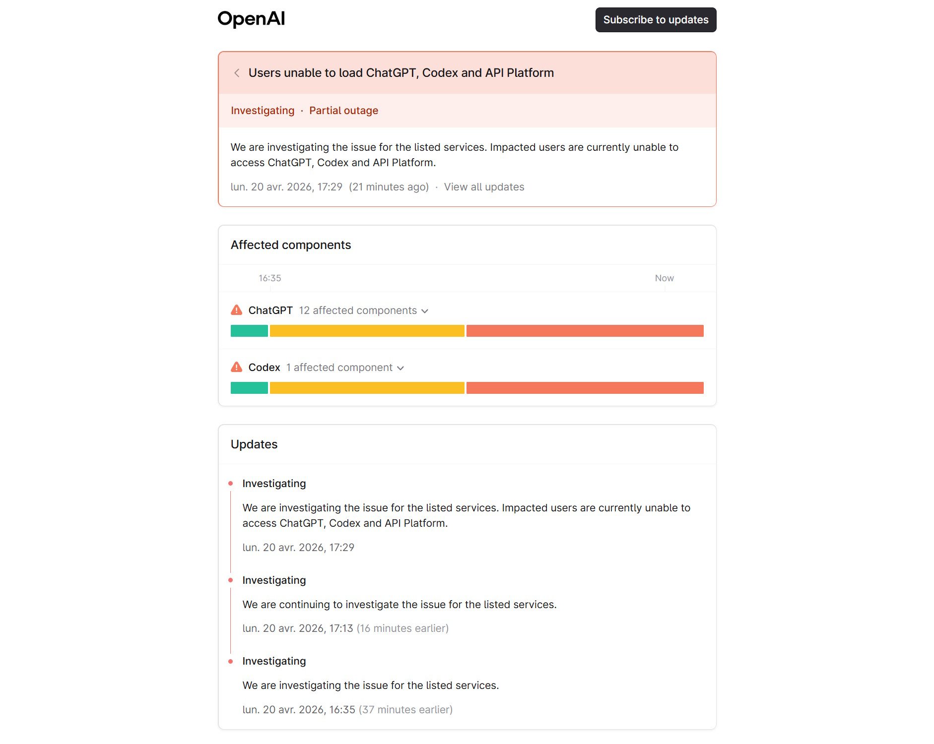 L'état des services d'OpenAI aux alentours de 17h30. ©Nicolas Guyot