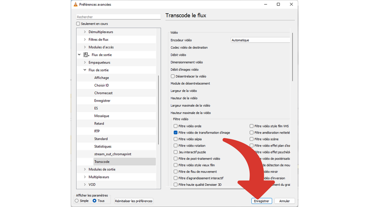 Enregistrer les nouvelles préférences de filtres vidéos pour le flux de sortie © Clubic