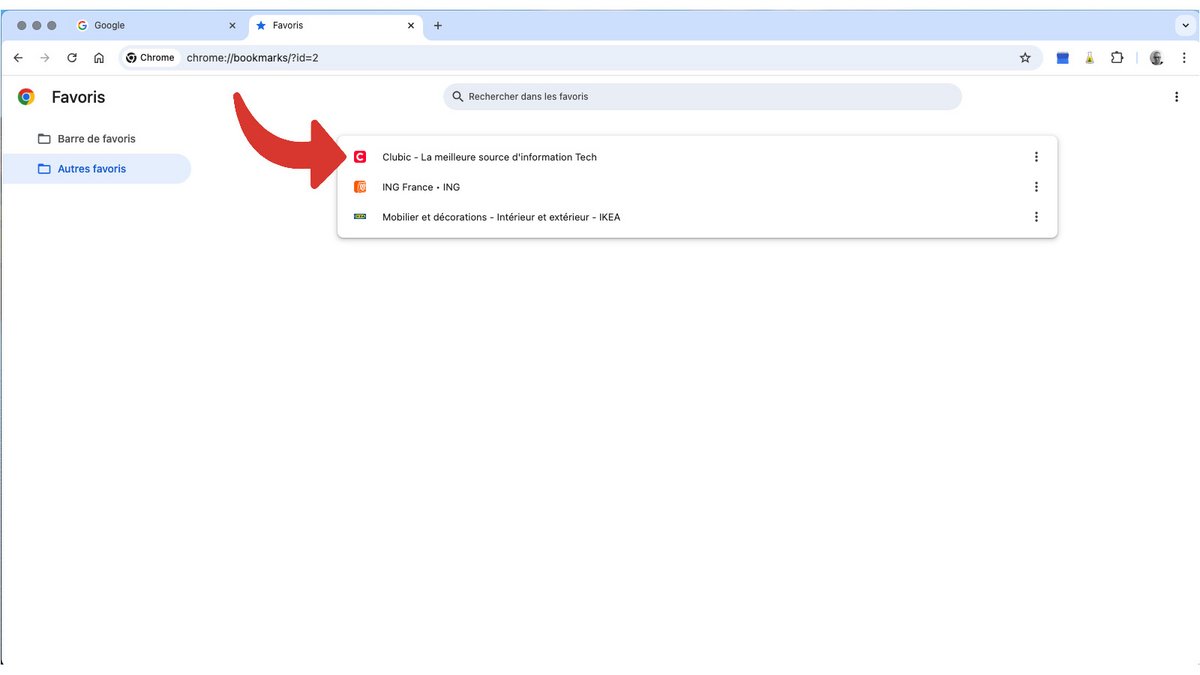 Accès aux favoris depuis le gestionnaire des favoris Chrome © Pascale Duc pour Clubic