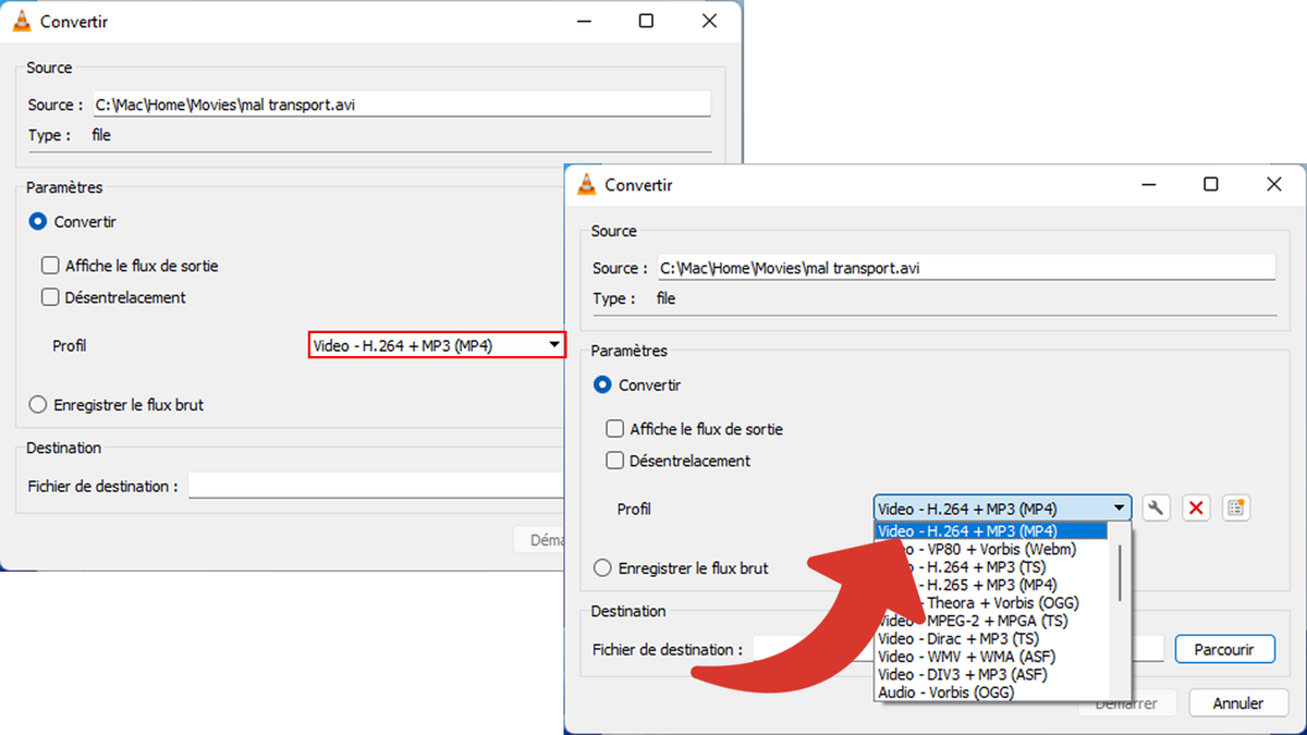 windows vlc media convertir choix profil mp4