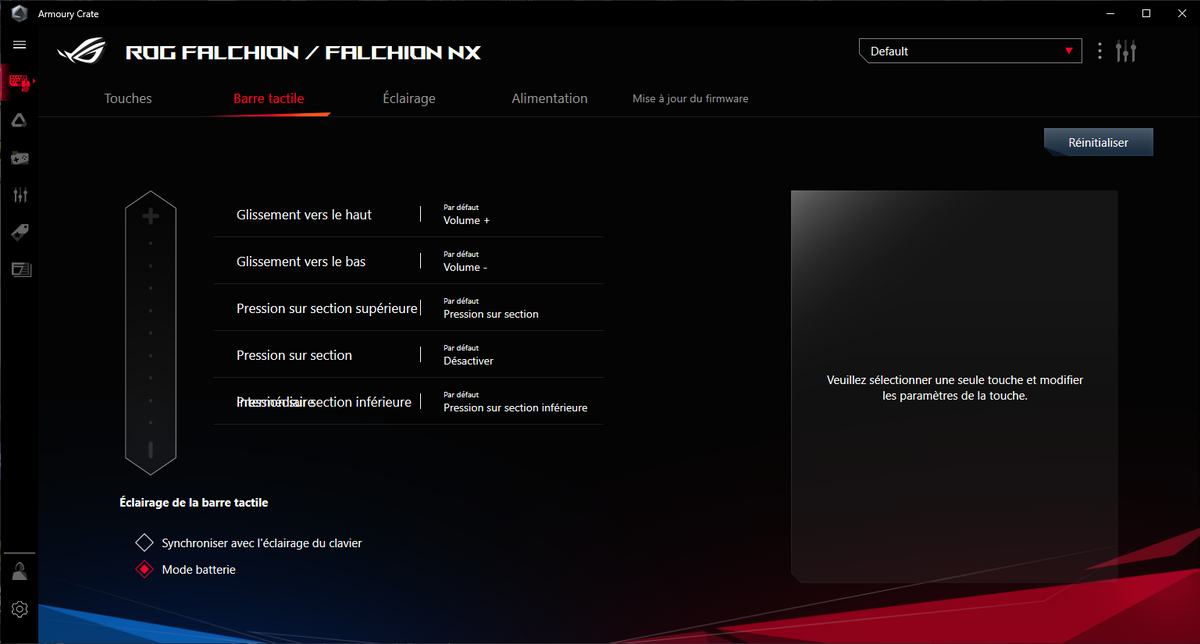 La partie configuration de la zone tactile : le petit plus de ce ROG Falchion © Nerces