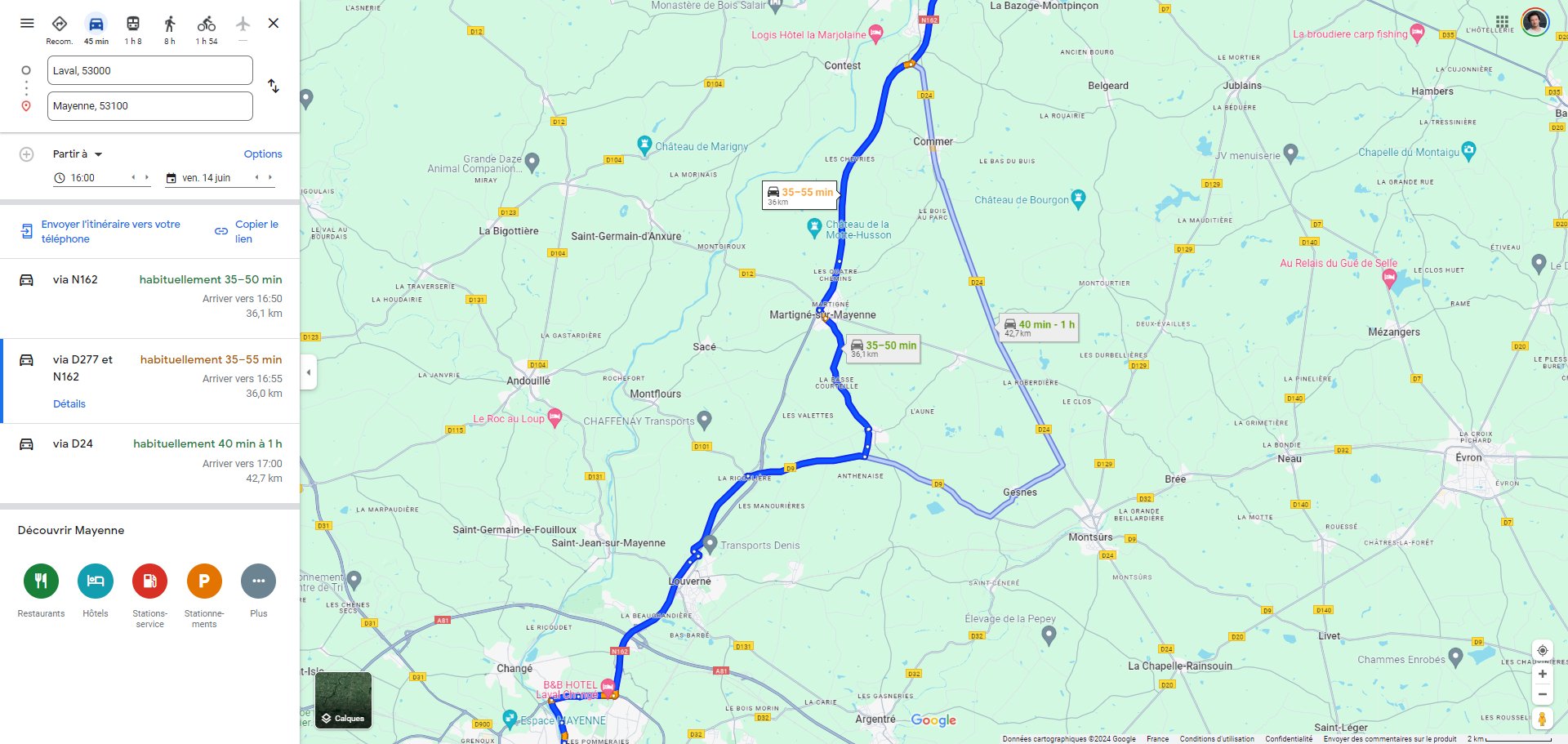 Itinéraire proposé par Google Maps pour rejoindre Laval à Mayenne © Alexandre Boero / Clubic / Google Maps
