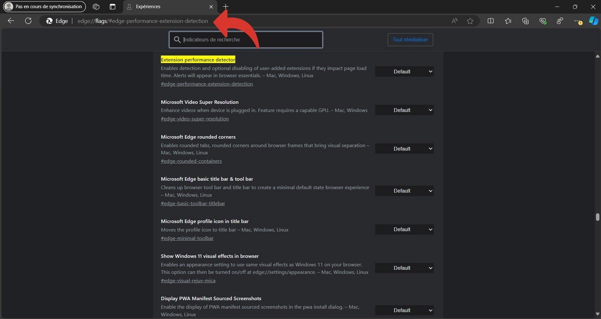 Recherchez le détecteur de performance des extensions dans les flags de Microsoft Edge © Clubic
