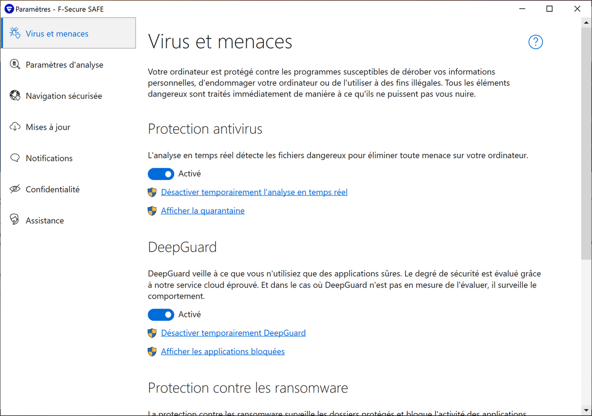 F-Secure - Les paramètres de l'antivirus