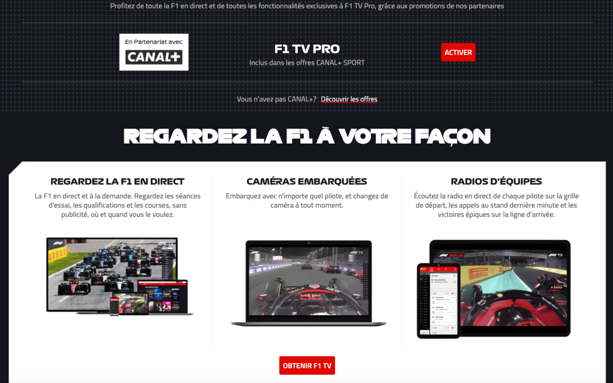 Autrefois commercialisé de manière indépendante, l'abonnement F1 TV Pro nécessite désormais de souscrire à Canal+ Sport © F1 TV