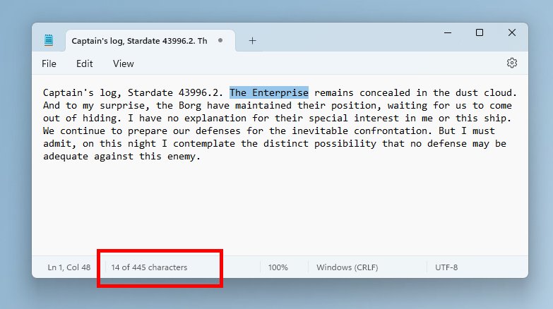 Le nombre de caractères arrive dans la barre d'état du Bloc-Notes de Windows 11 © Microsoft