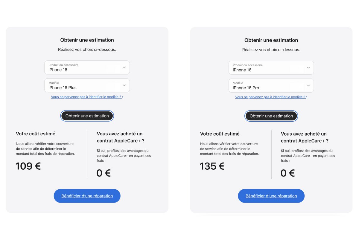 Les tarifs appliqués par Apple pour changer une batterie sur l'iPhone 16 et l'iPhone 16 Pro. © Apple