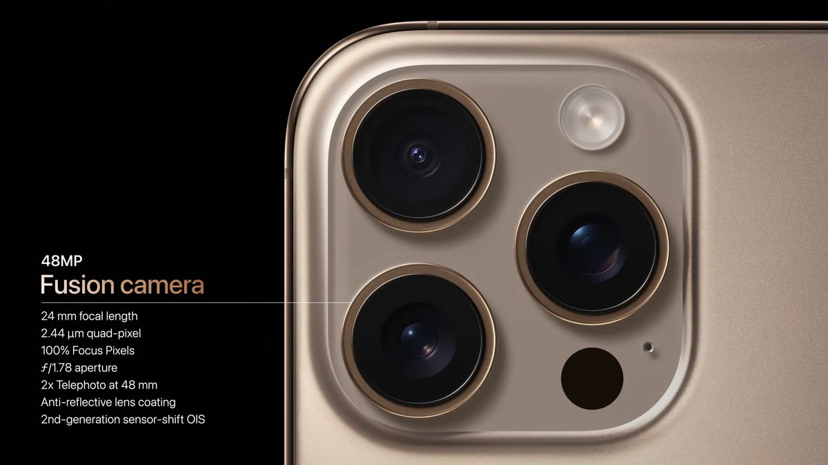 Les optiques des trois capteurs des iPhone 16 Pro, notamment le nouvel ultra grand-angle de 48 Mpx qui serait impressionnant. © Apple