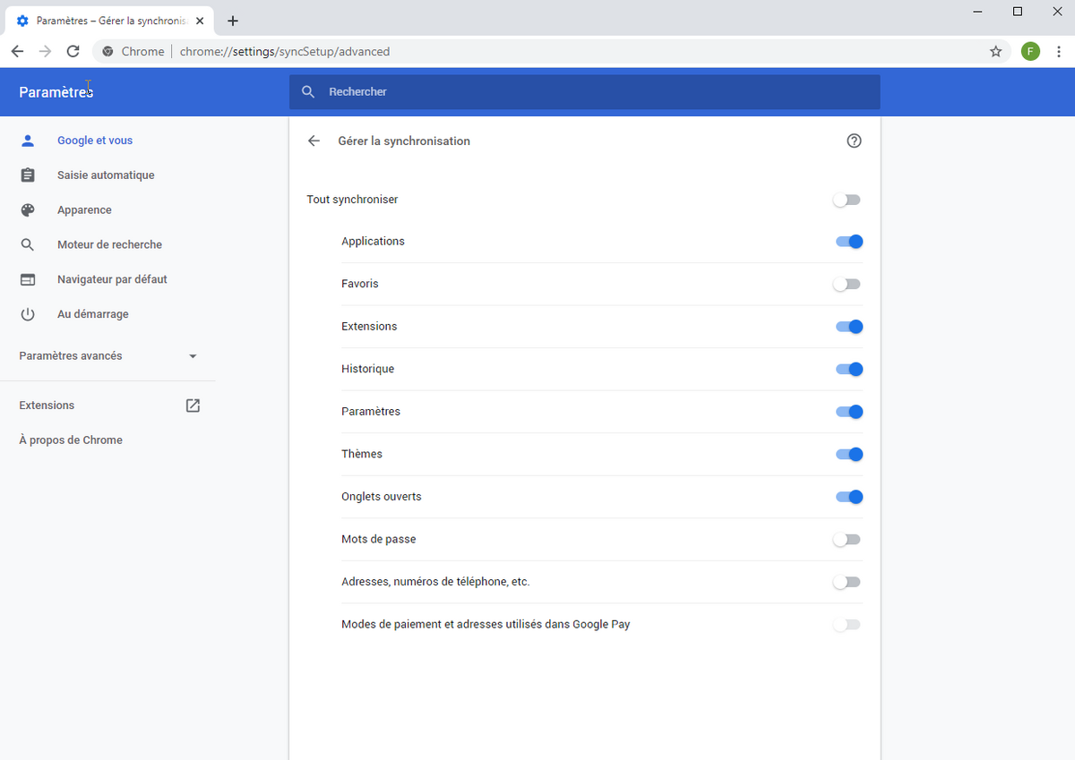 Synchronisation des données entre Chrome et le compte Google