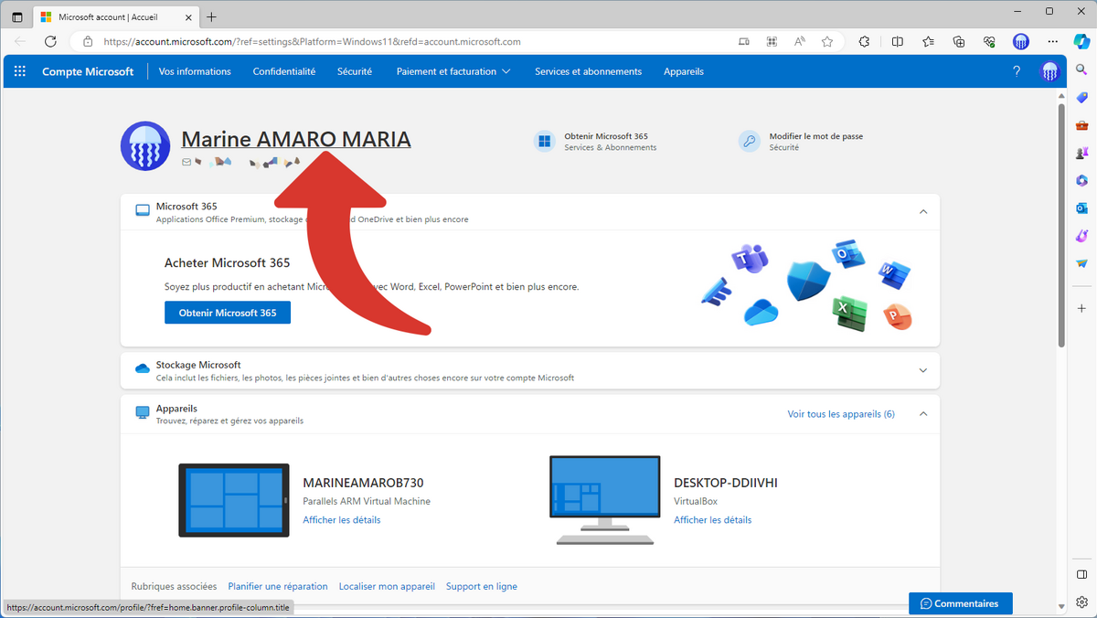 Votre nom à modifier dans votre compte Microsoft en ligne © Clubic