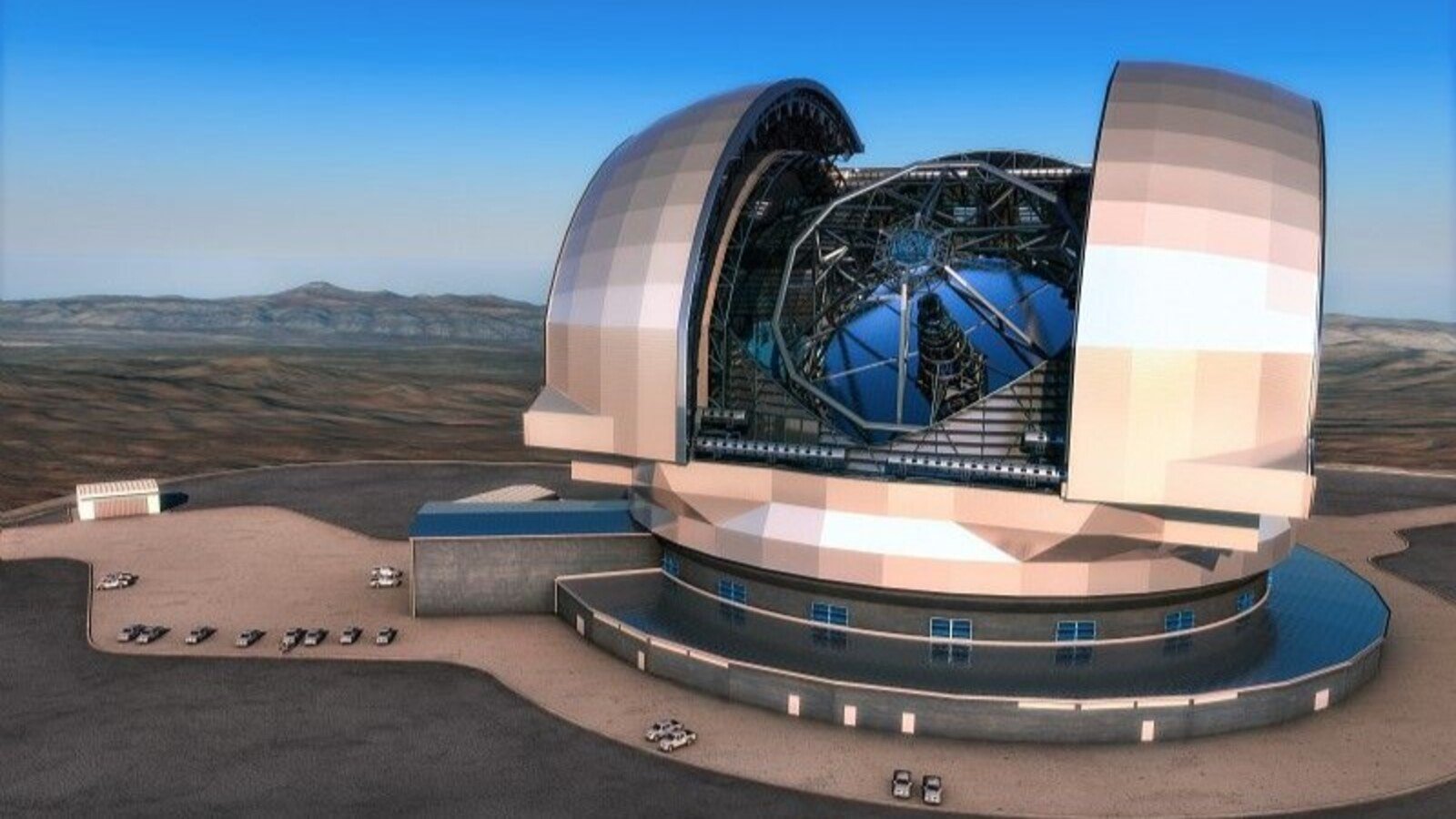Vue d'artiste de l'Extremely Large Telescope (ELT) de l'ESO sur le Cerro Armazones, au Chili. Sous son immense dôme, le miroir primaire de 39 mètres réalisé par Safran Reosc rassemblera la lumière des confins de l'Univers. © ESO/L.Calçada/ACeConsortium
