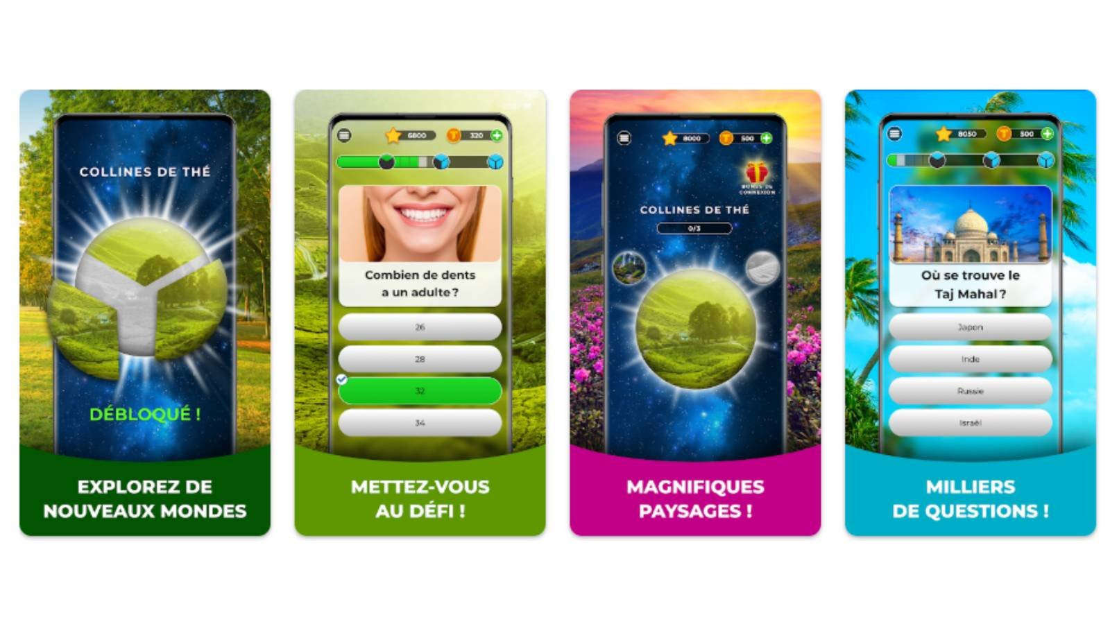 Triviascapes est un jeu de quiz où vous testez vos connaissances, gagnez des aides et débloquez différents paysages. © Mno Go Apps 