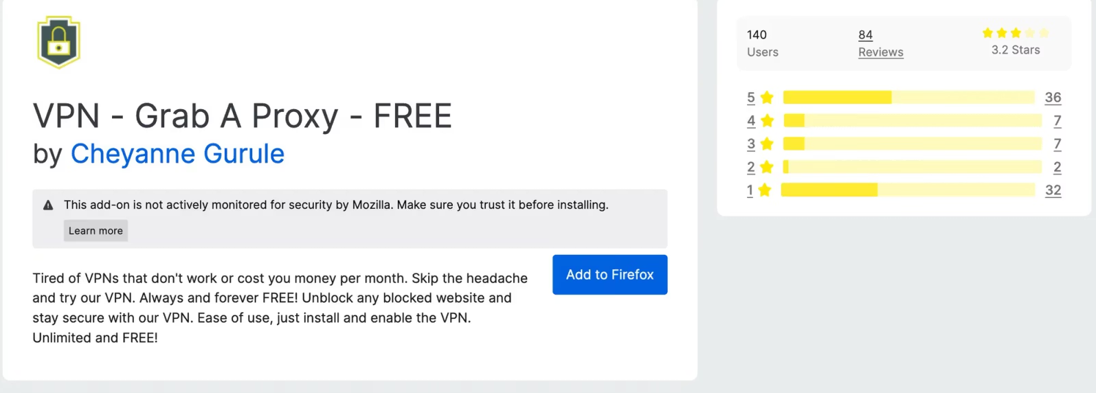 Un faux service VPN : Grab A Proxy
