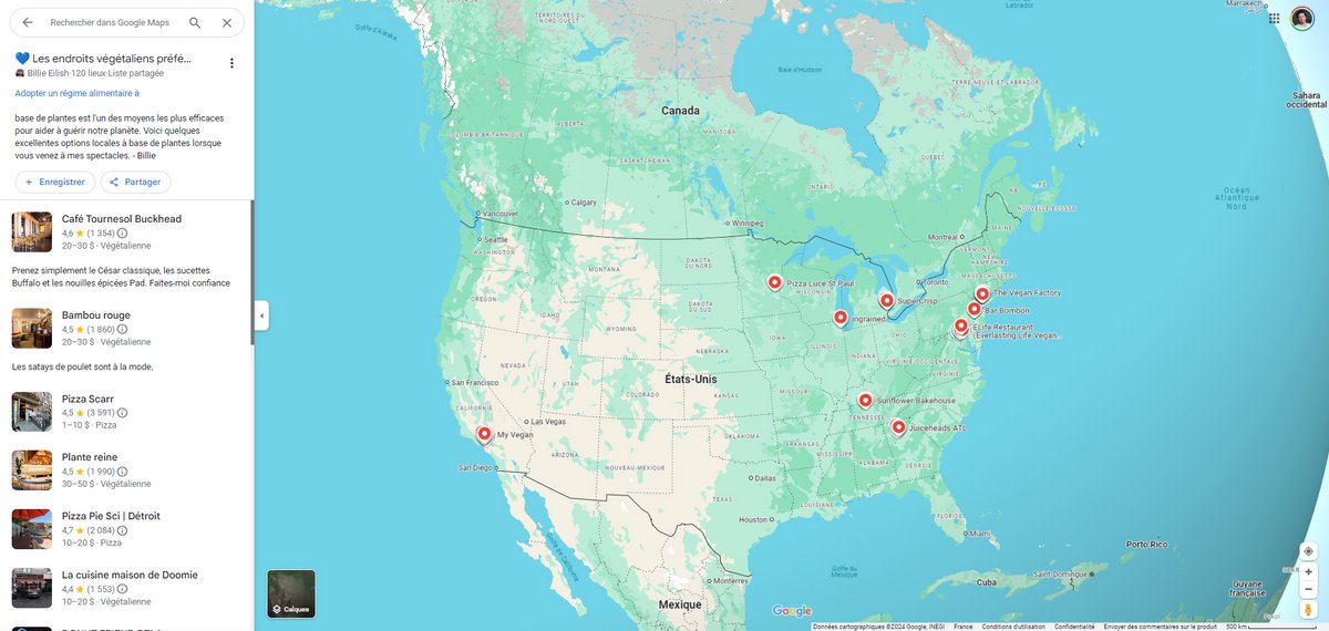 La carte Google Maps des restaurants végétaliens de Billie Eilish © Google Maps / Clubic