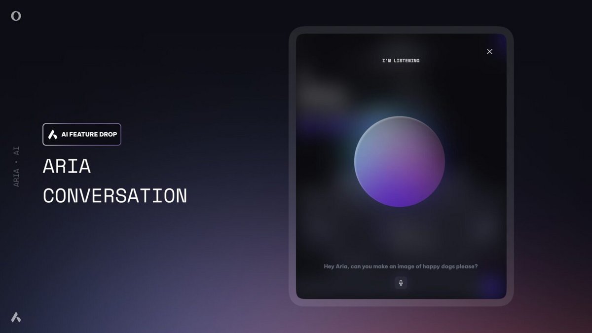 Interface Aria Conversation d’Opera, illustrant le mode vocal de l’assistant IA intégré. - © Opera