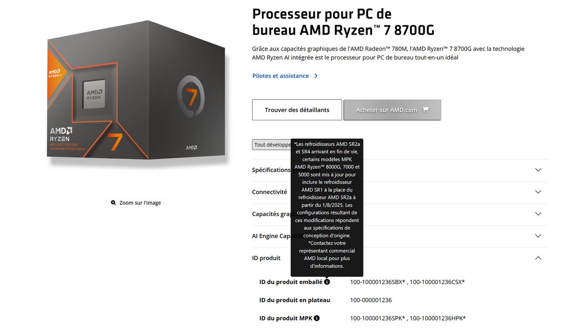 Le Ryzen 7 8700G voit son ventirad remplacé par un modèle inférieur. ©Nerces pour Clubic