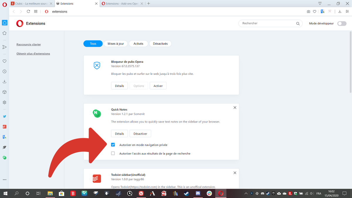 Il est possible d'activer les extensions en mode privé.
