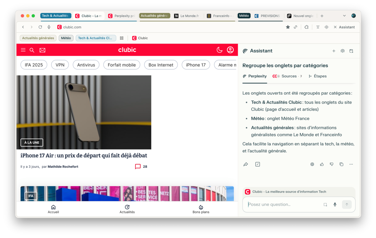 Perplexity Comet - La gestion des onglets