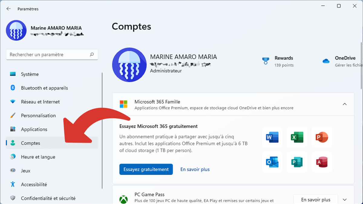 Menu Comptes dans les Paramètres de Windows 11 © Clubic