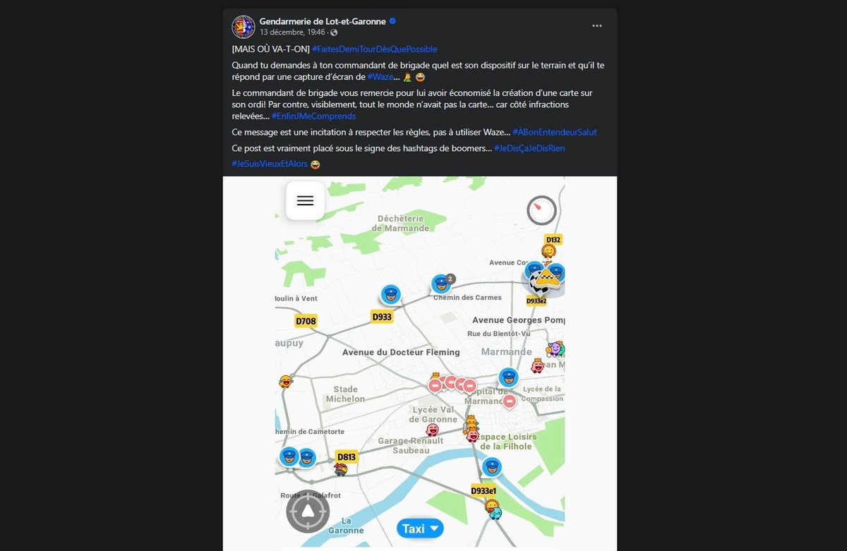 Waze inspire la gendarmerie, qui a de l'humour © Capture d'écran Facebook