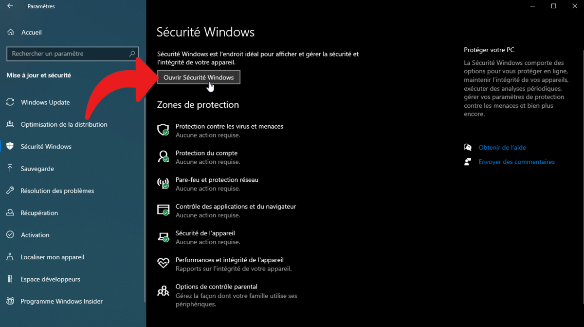 Cliquez sur Ouvrir Sécurité Windows