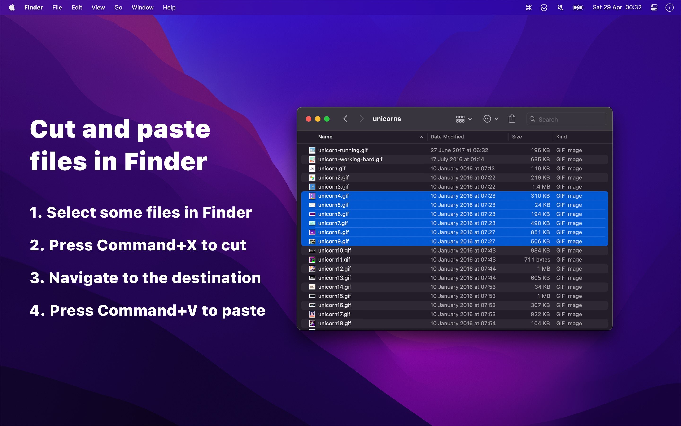 Sélection de plusieurs fichiers dans le Finder macOS avant un déplacement via les commandes clavier intégrées, illustrant l’utilisation du couper-coller avec Command X. © Sindre Sorhus