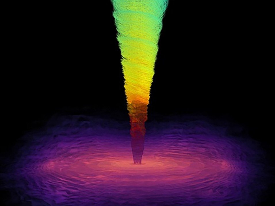 Selon les simulations de l'équipe, le gaz s’accumule près du centre du disque, pendant qu’un jet étroit est expulsé le long de l’axe de rotation du trou noir. © Zhang et al. / ApJ, 2025