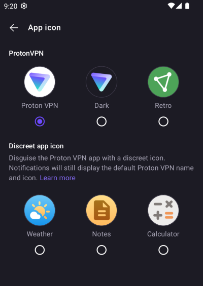 Les icônes discrètes sur Android © Proton VPN