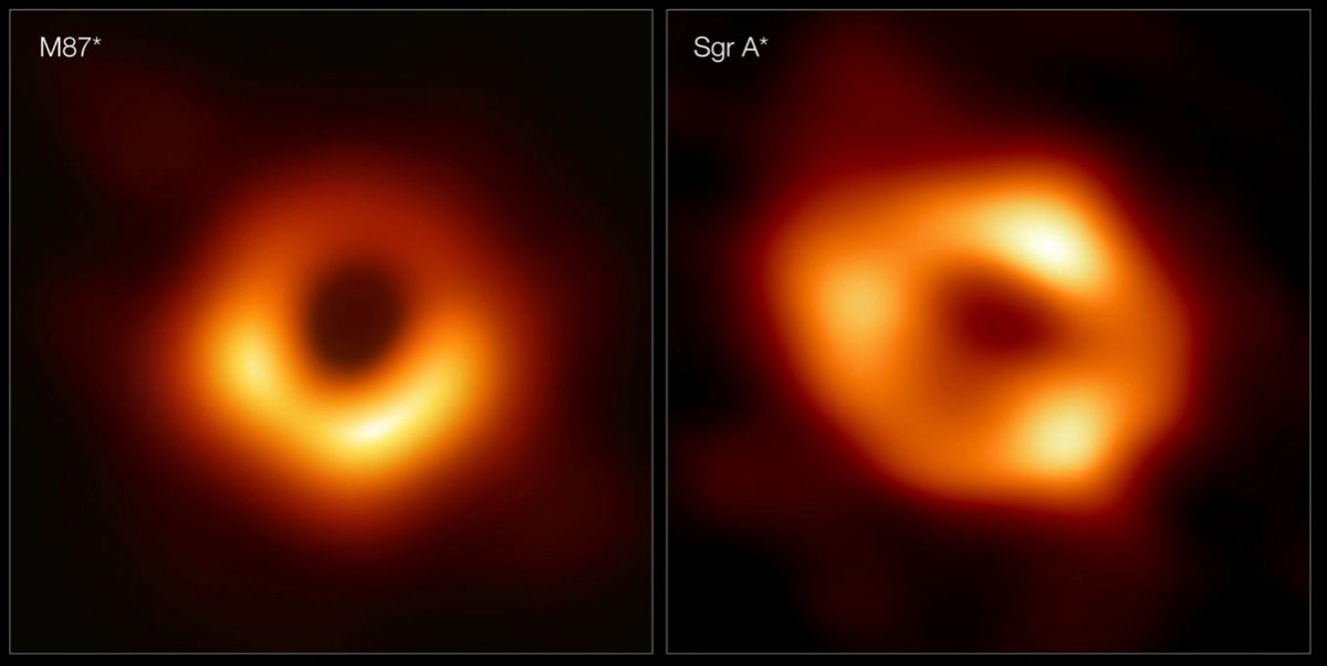 Comparaison entre les deux images de M87* à gauche et Sagittarius A* à droite. Mais attention, l'un est beaucoup plus gros que l'autre, en réalité... © EHT Collaboration