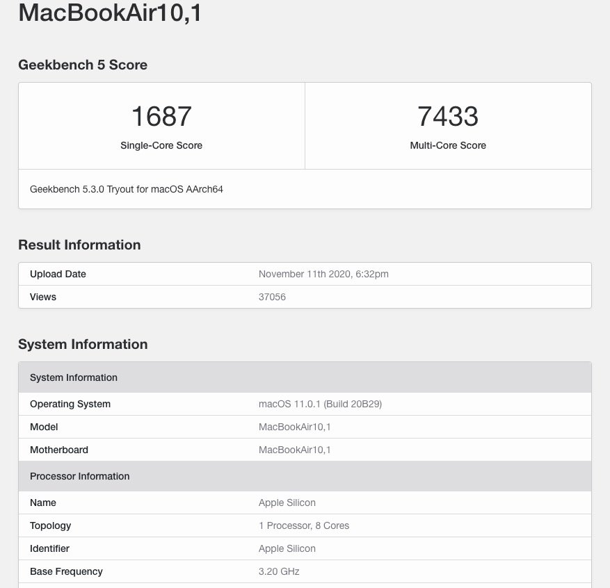 Geekbench Apple M1 MacBook Air