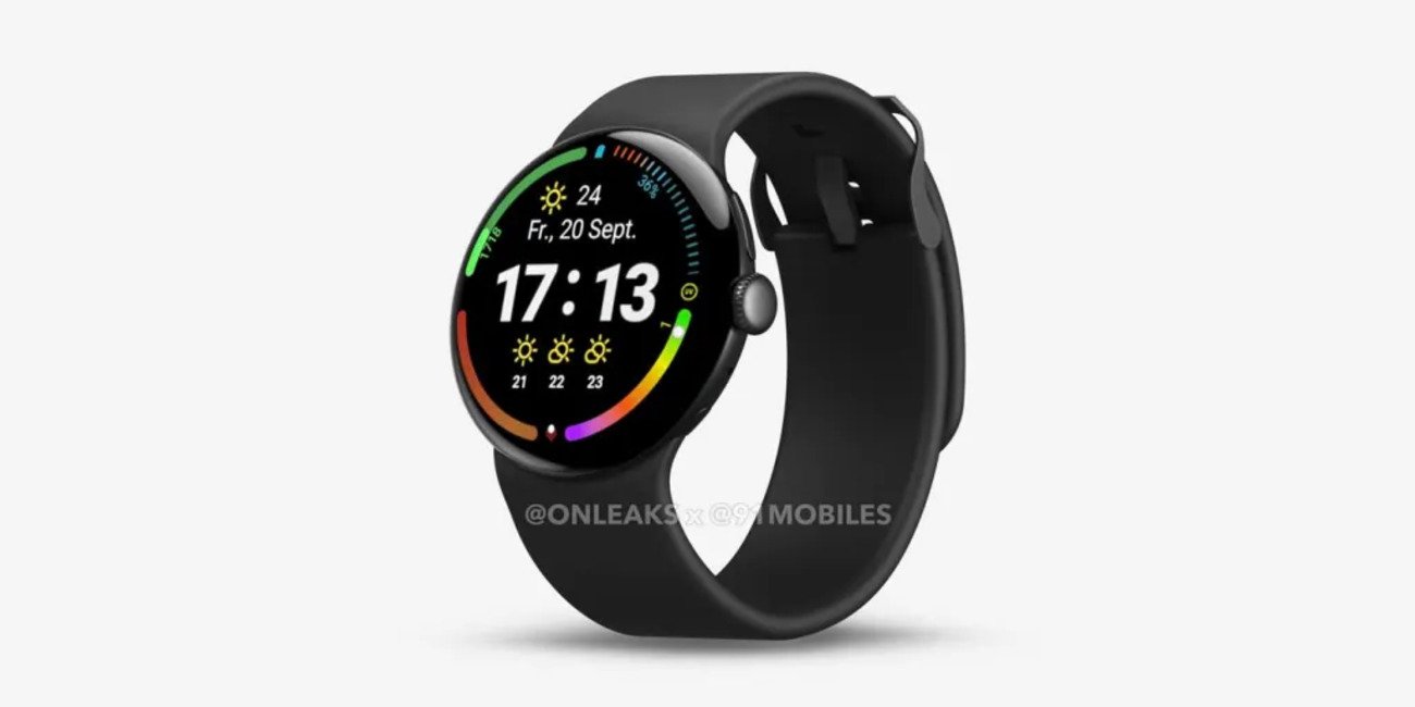 Un rendu de la Pixel Watch 4 noire avec bracelet Obsidienne. ©OnLeaks