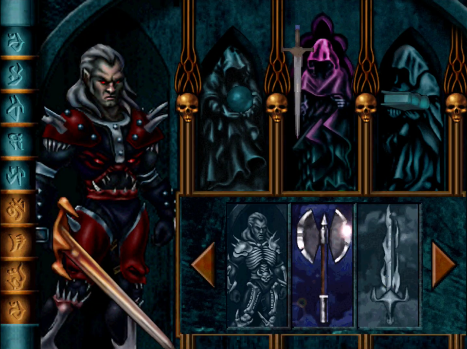 L'écran d'inventaire de Kain (qui porte justement l'armure de chair et les haches)