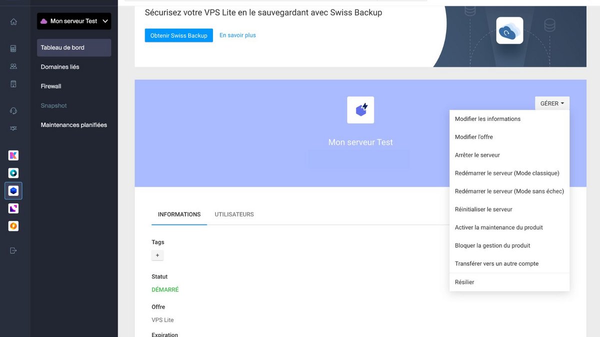 Accédez à votre serveur VPS Lite. ©Infomaniak